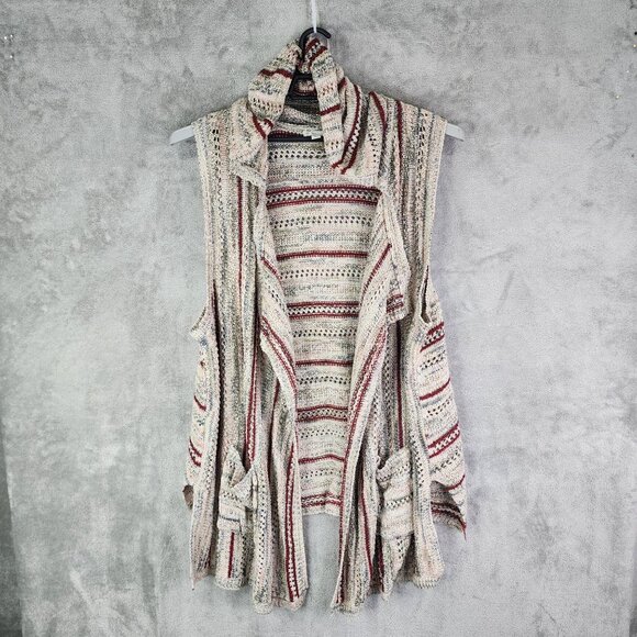 Womens Cato Beige Red Striped Open Knit Sleeveless Cardigan Vest Acrylic 22/24 - Picture 2 of 10